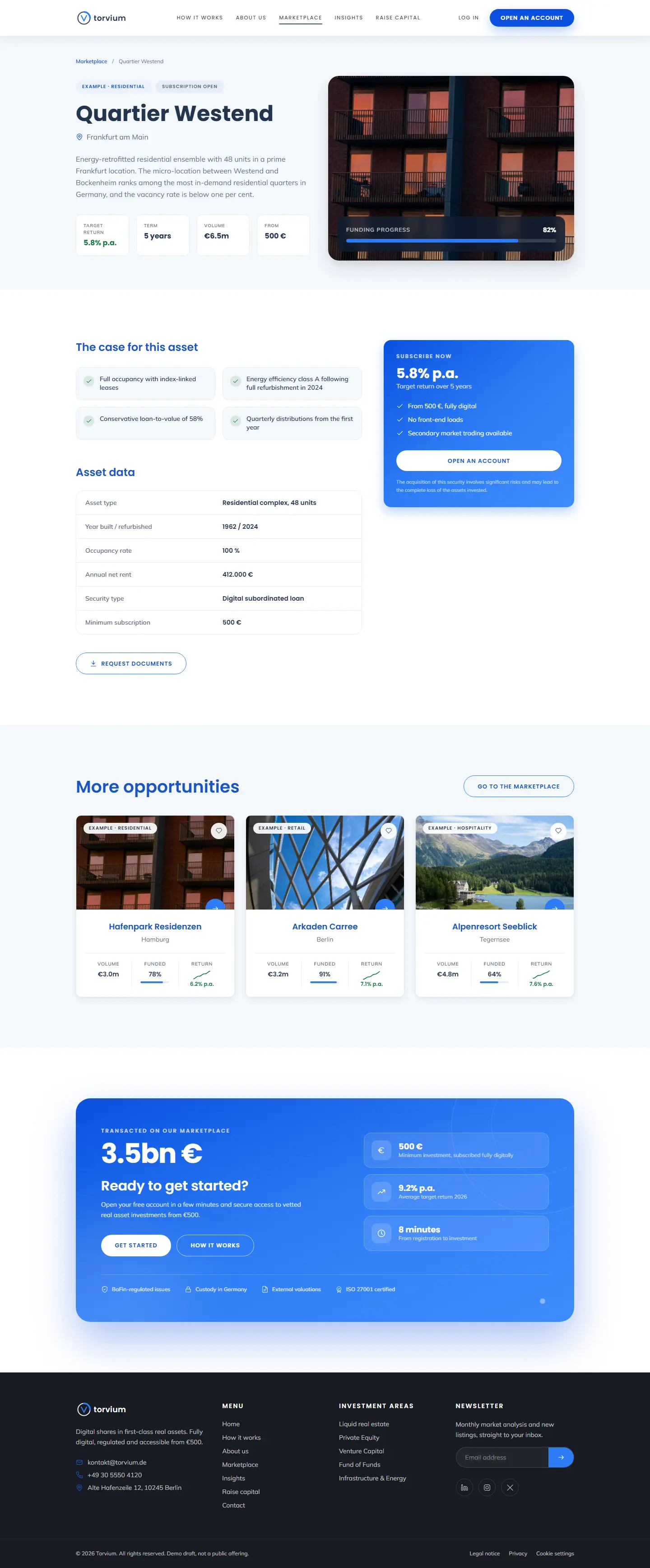 Asset detail page of the Torvium template with key figures and progress