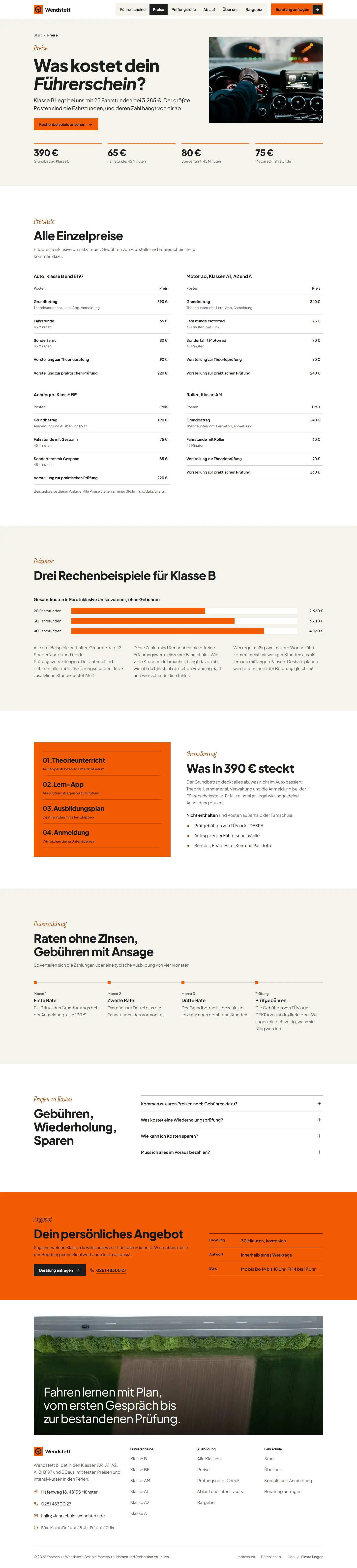 Preise, Unterseite des Templates Wendstett