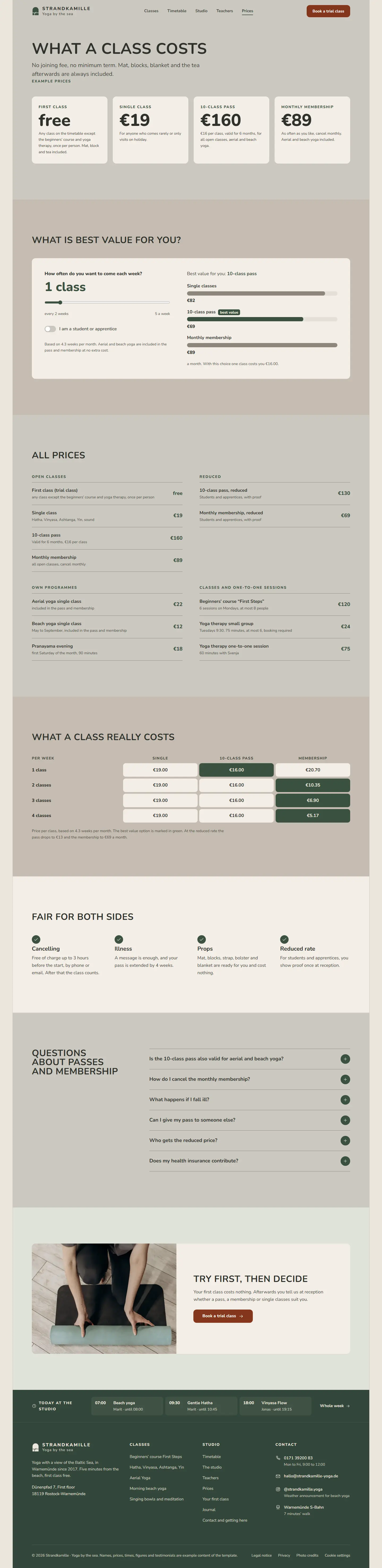 Prices, subpage of the Strandkamille template
