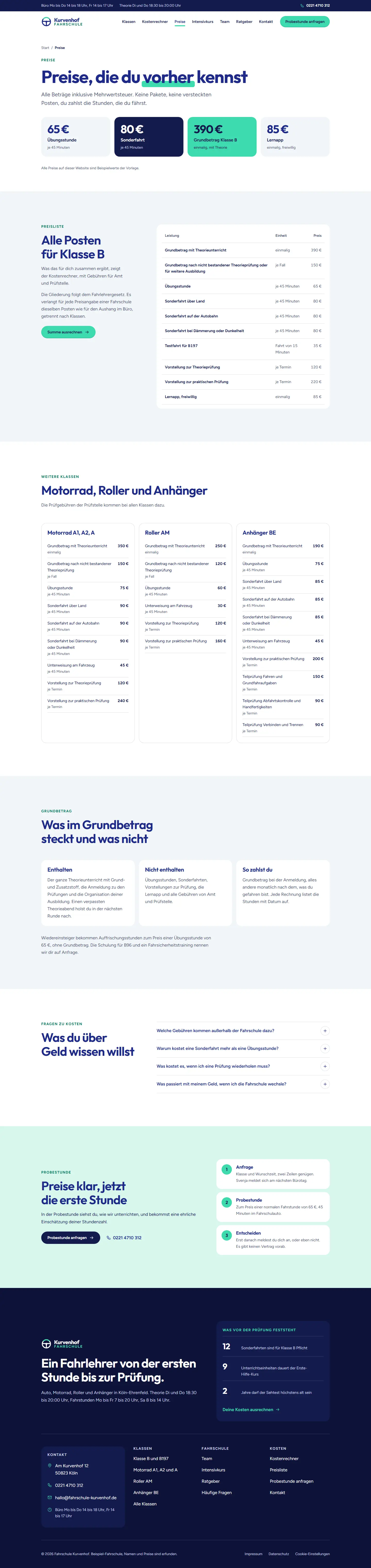 Preise, Unterseite des Templates Kurvenhof