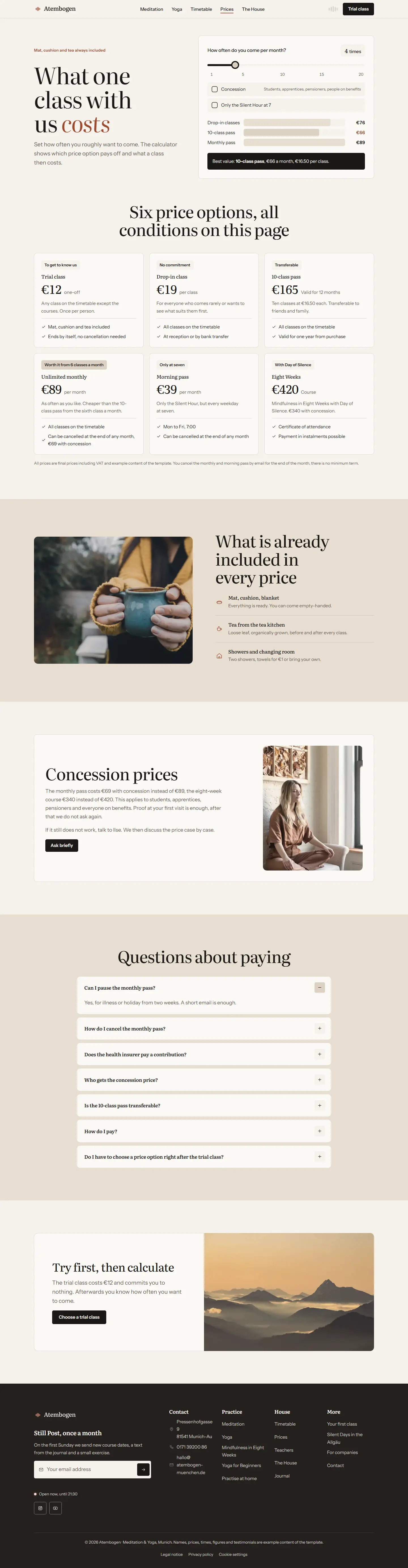 Prices, subpage of the Atembogen template
