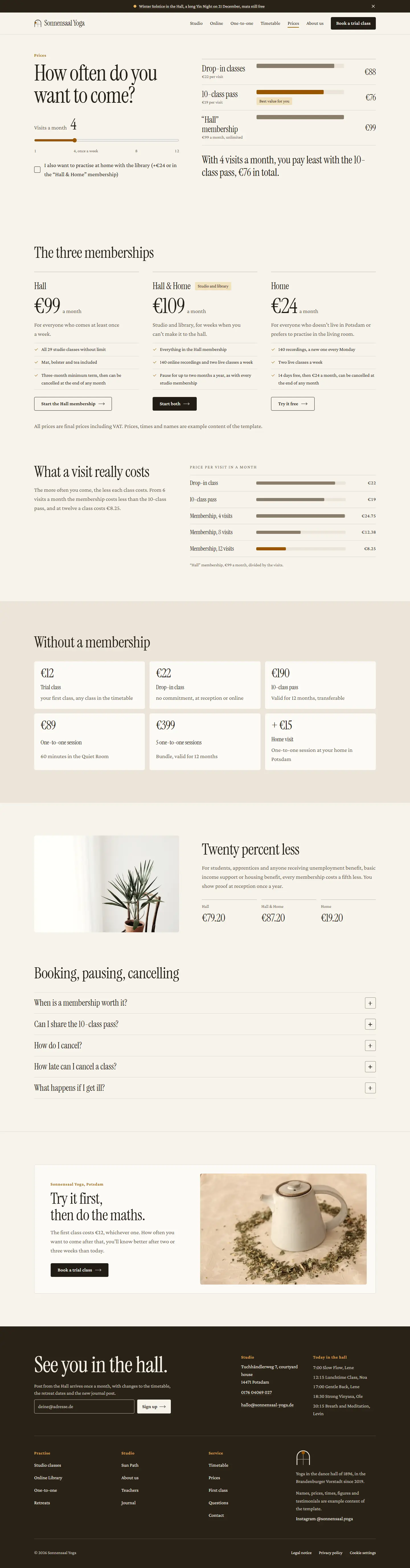 Prices, subpage of the Sonnensaal template