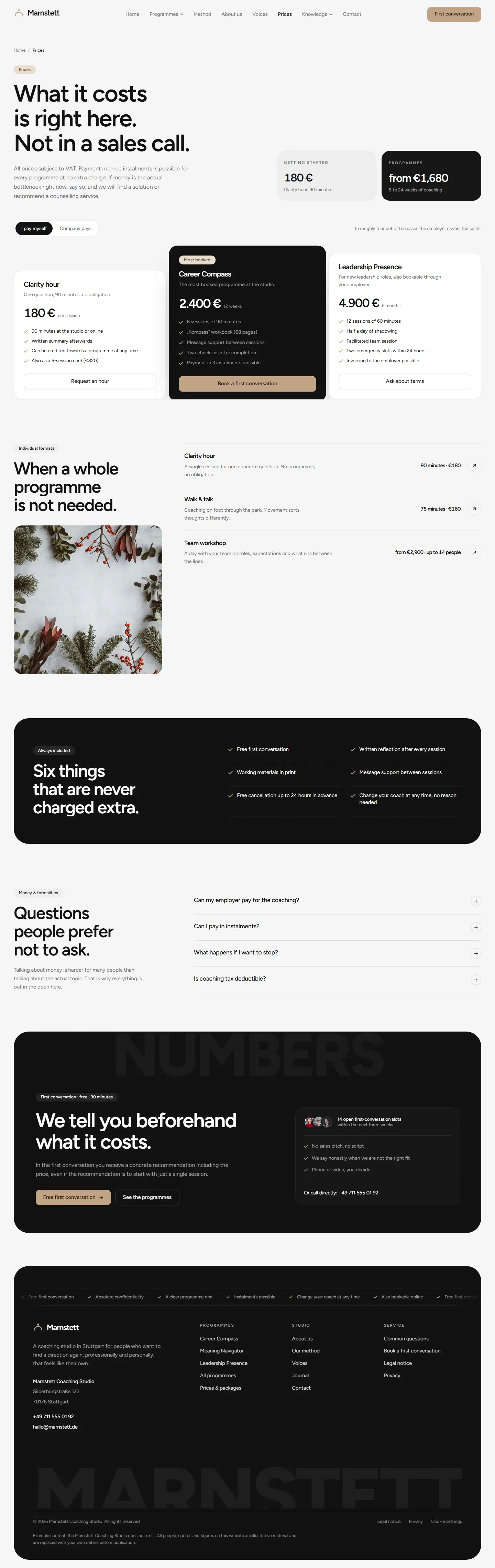 Prices page of the Marnstett template