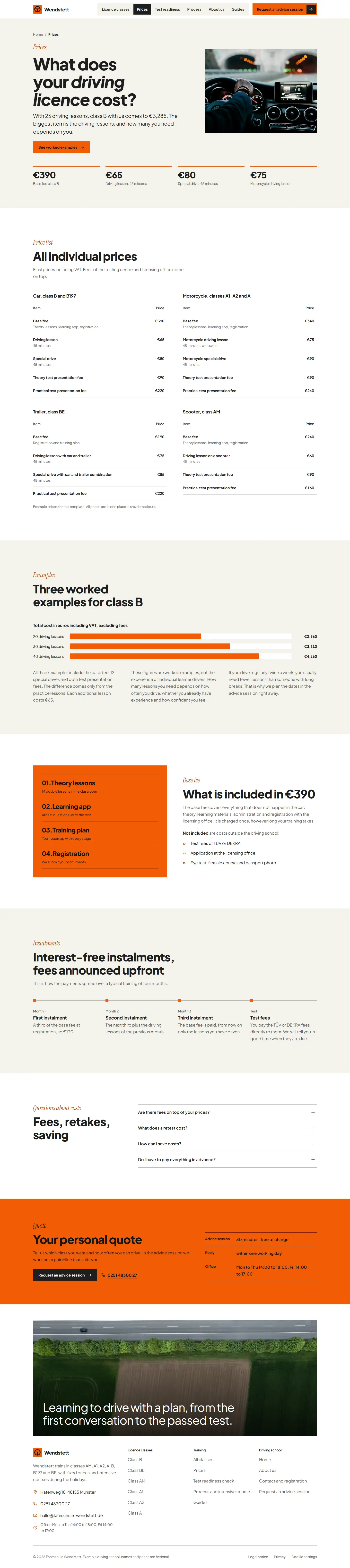 Prices, subpage of the Wendstett template