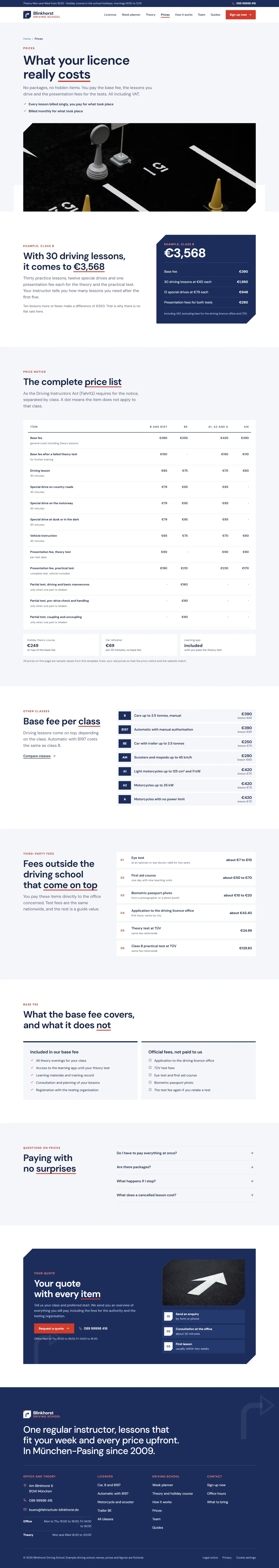 Prices, subpage of the Blinkhorst template