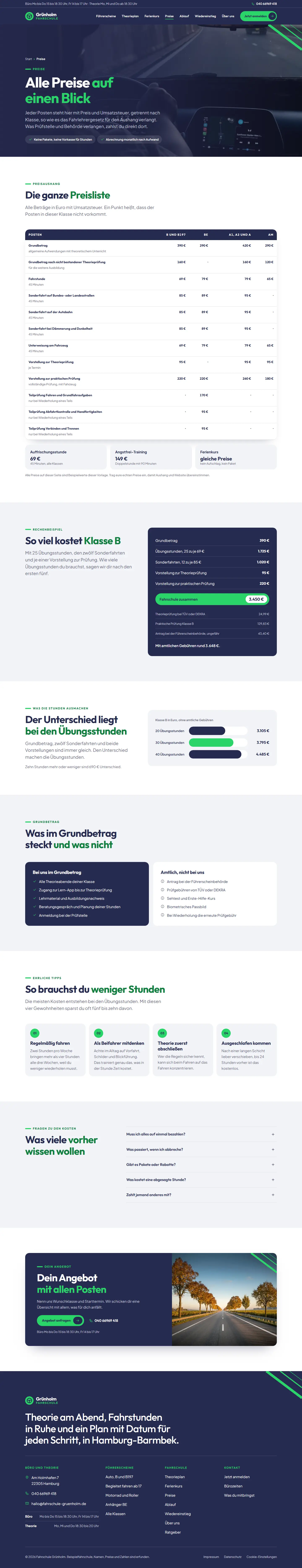 Preise, Unterseite des Templates Grünholm