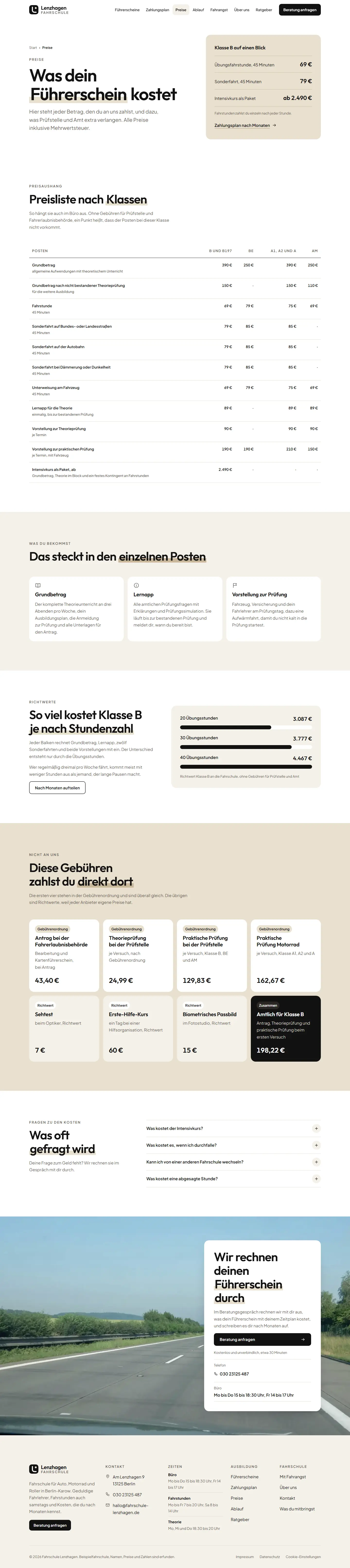 Preise, Unterseite des Templates Lenzhagen