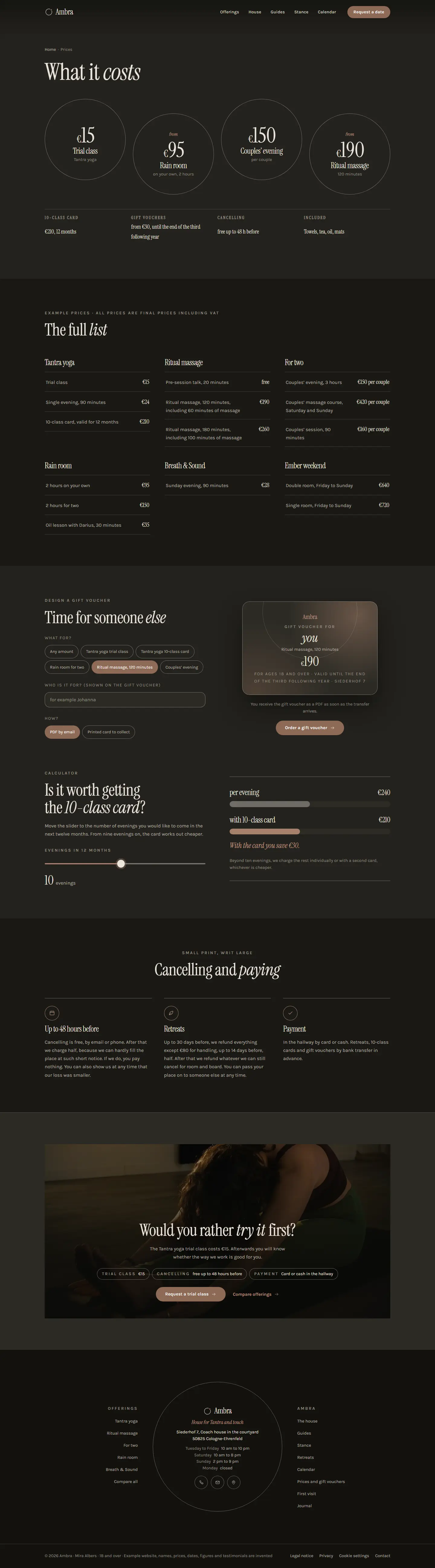 Prices, subpage of the Ambra template