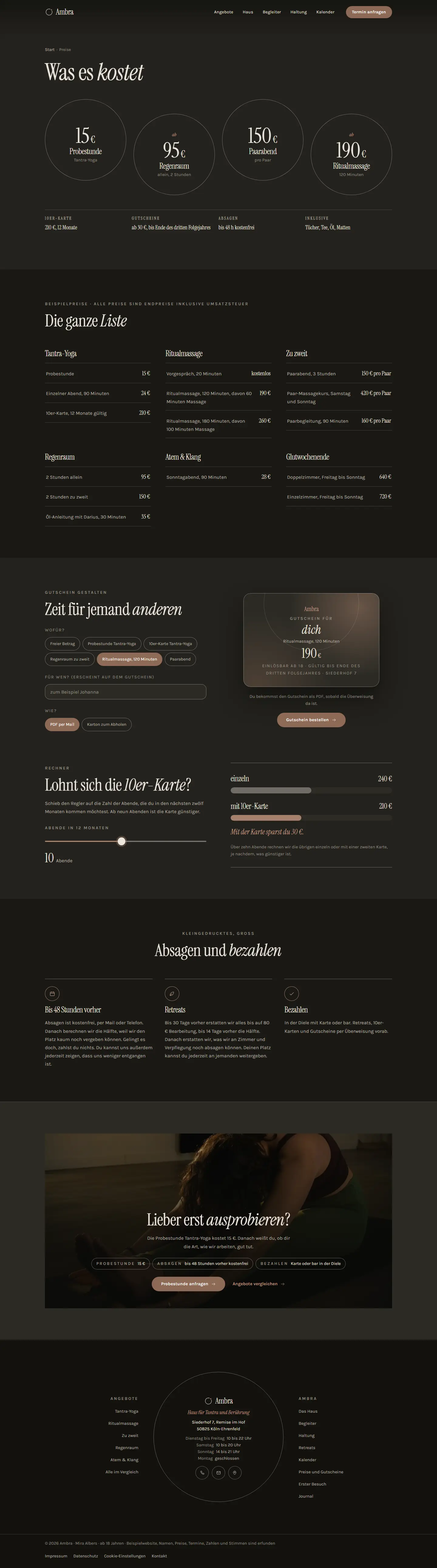 Preise, Unterseite des Templates Ambra