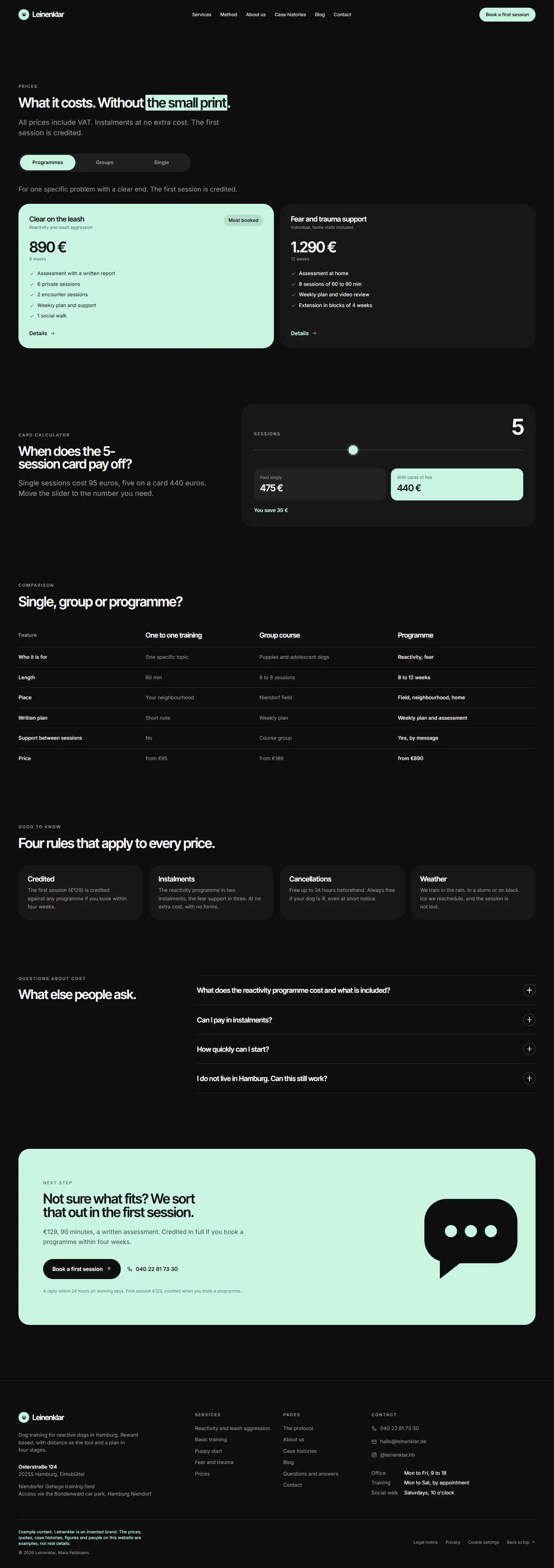The price page of the Leinenklar template with three tabs and the card calculator