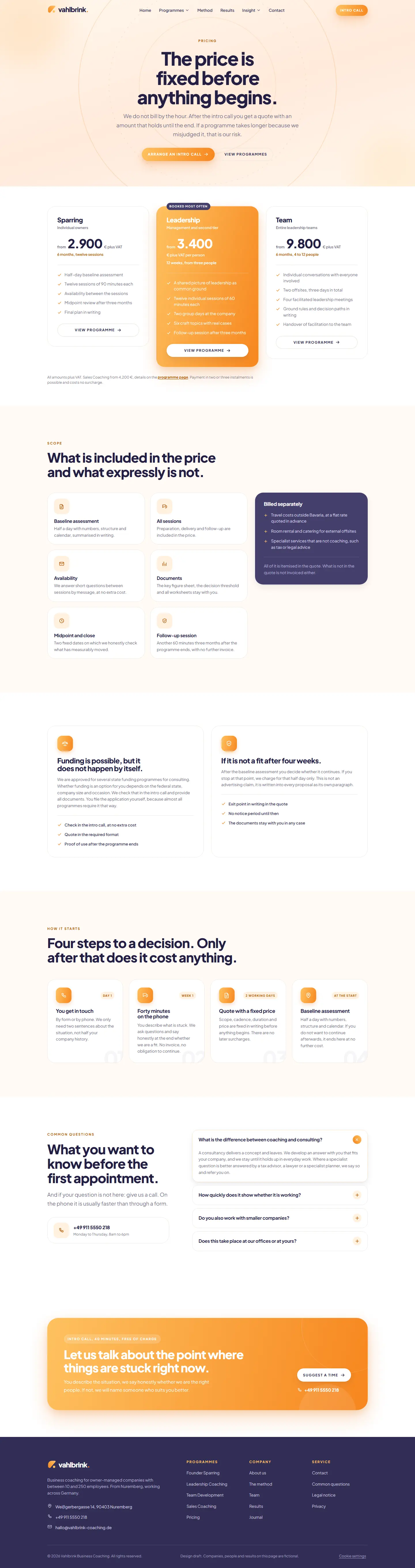 Prices page of the Vahlbrink template