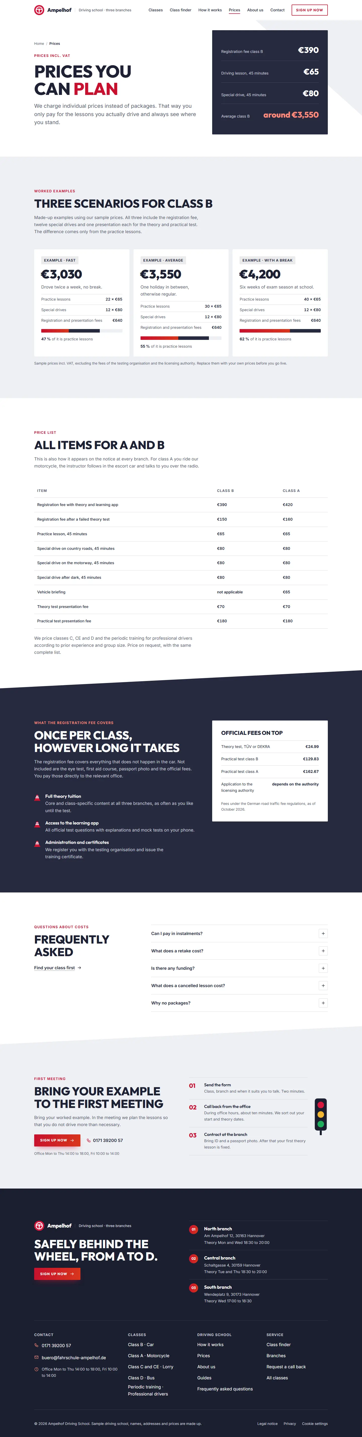 Prices, subpage of the Ampelhof template