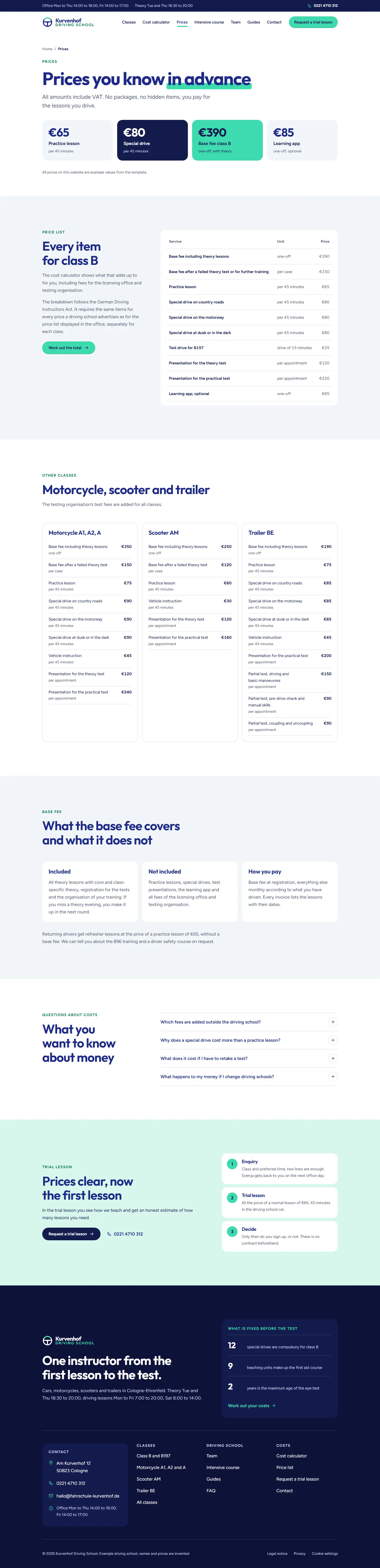 Prices, subpage of the Kurvenhof template