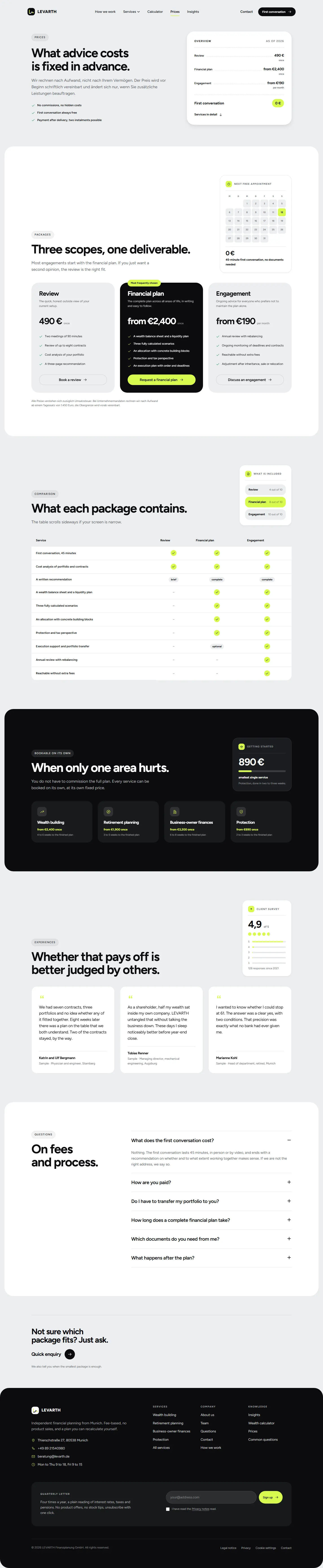 Pricing page of the Levarth template with three packages and a comparison table
