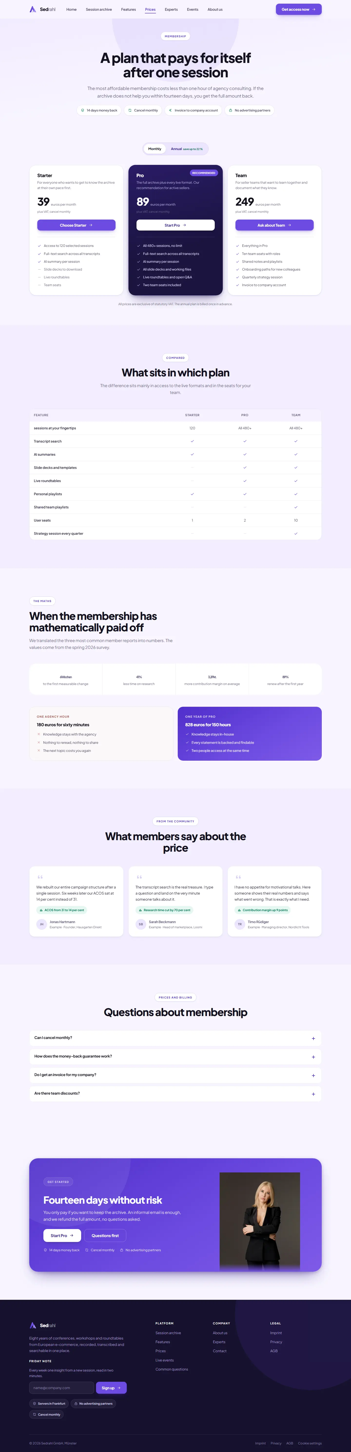 Pricing page of the Sedrahl template with three plans and a comparison table