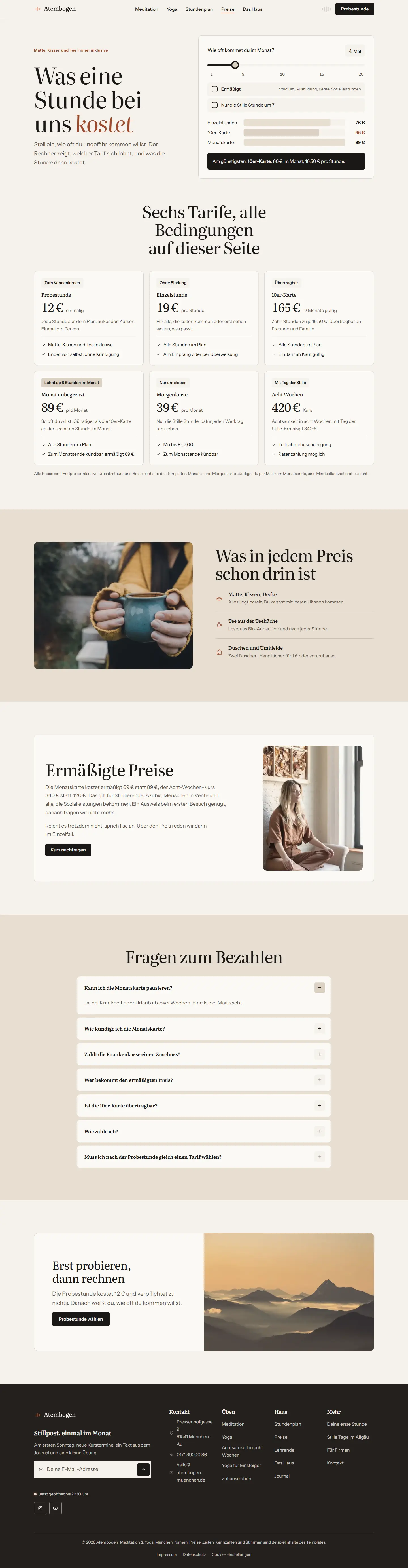 Preise, Unterseite des Templates Atembogen