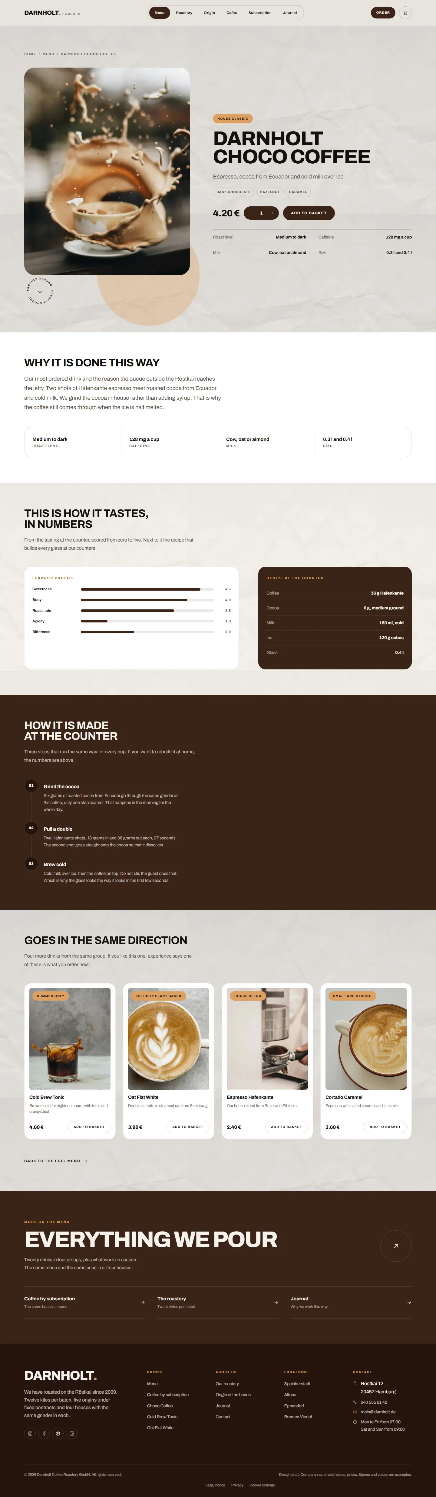 Product page of the Darnholt template with a flavour profile and the counter recipe