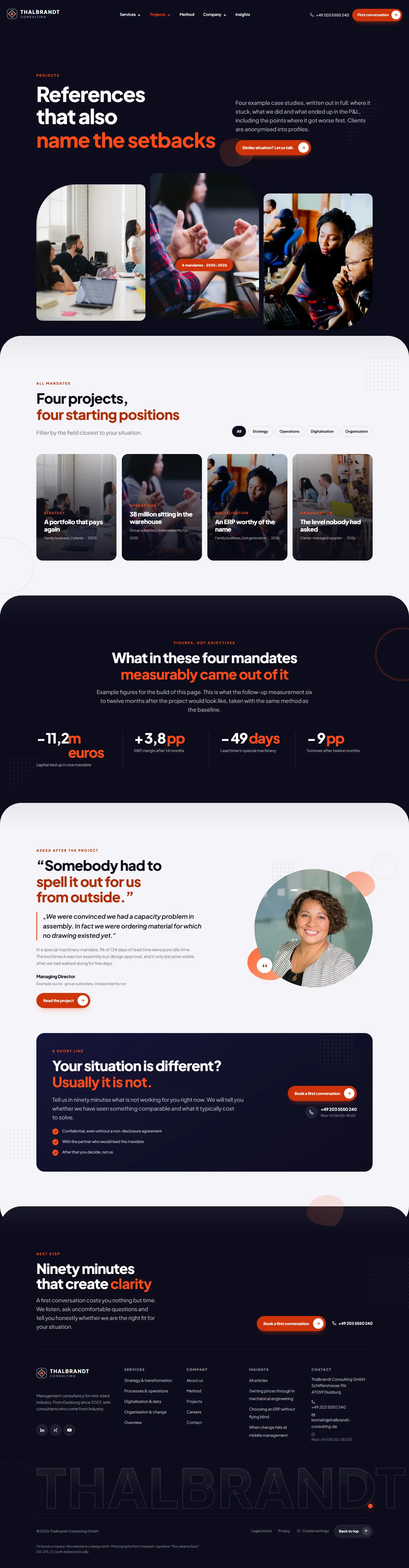 Projects overview of the Thalbrandt template with four filterable case studies