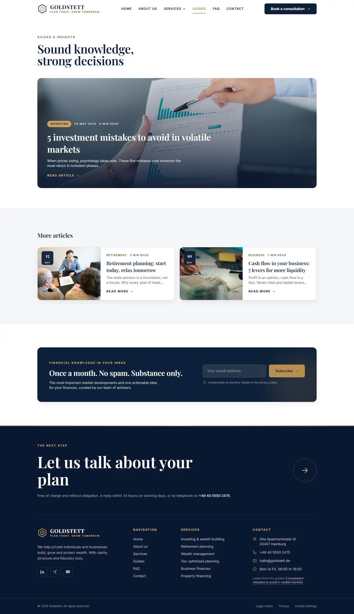 Guide overview of the Goldstett template with three article cards