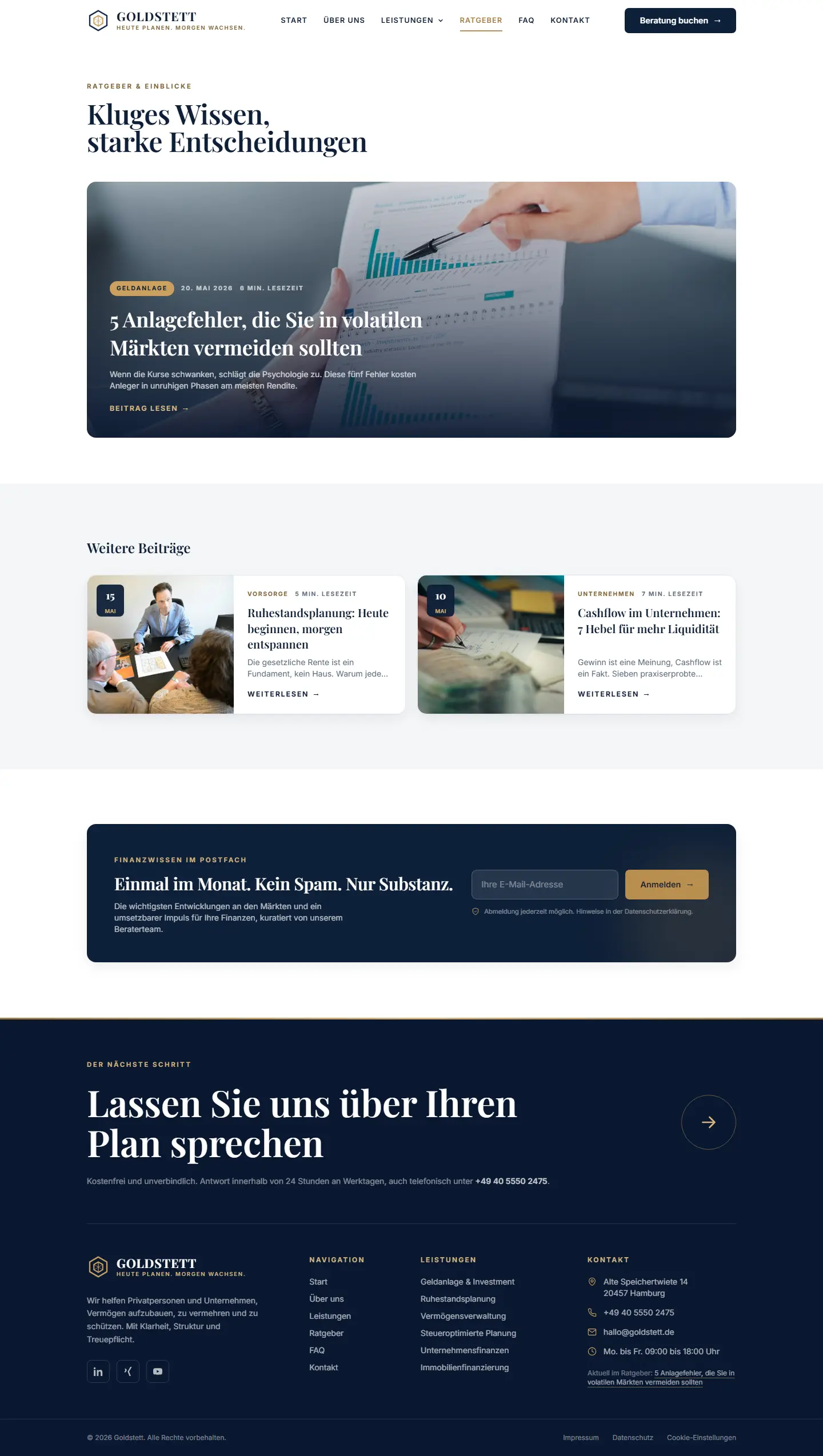 Ratgeber mit drei Artikeln des Templates Goldstett