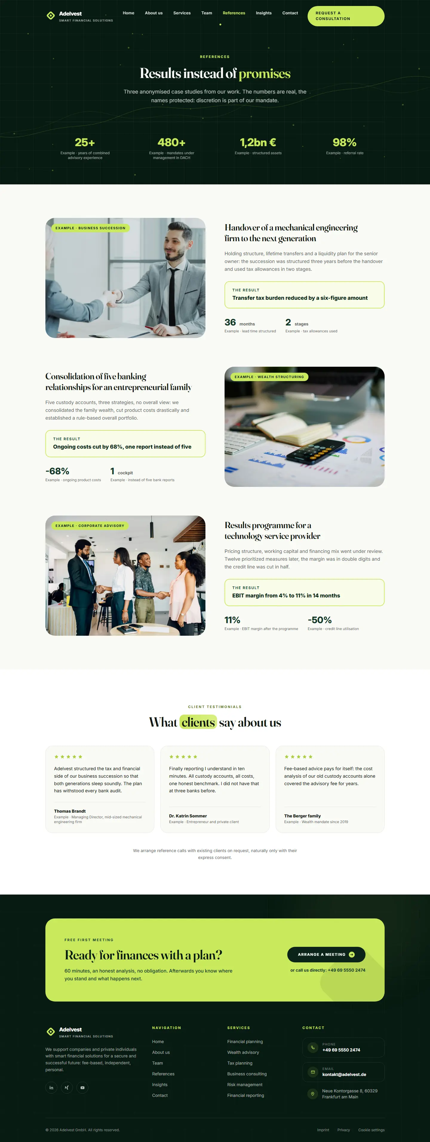 References page with counting key figures and three case studies on forest green