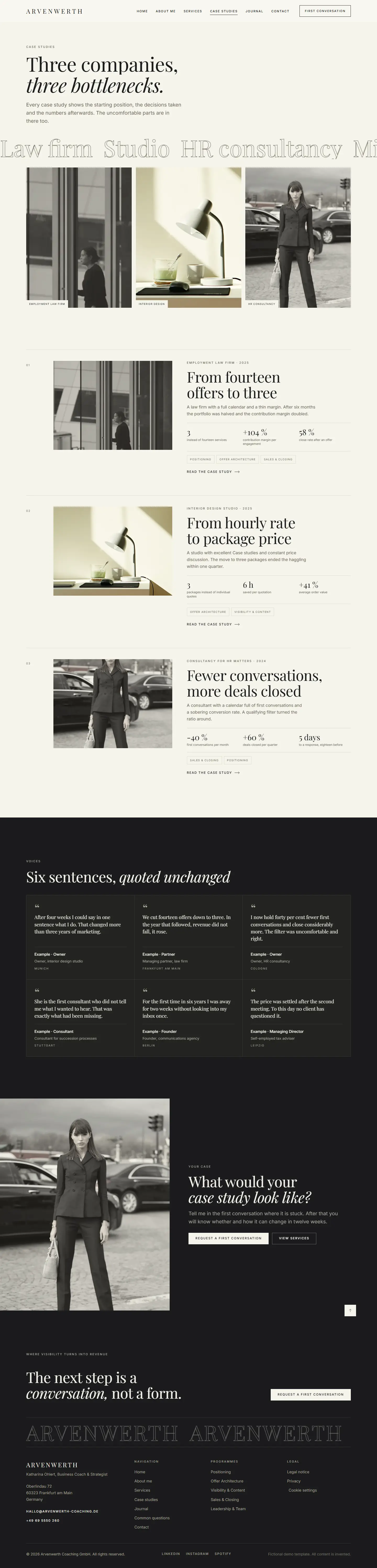 Case studies page of the Arvenwerth template