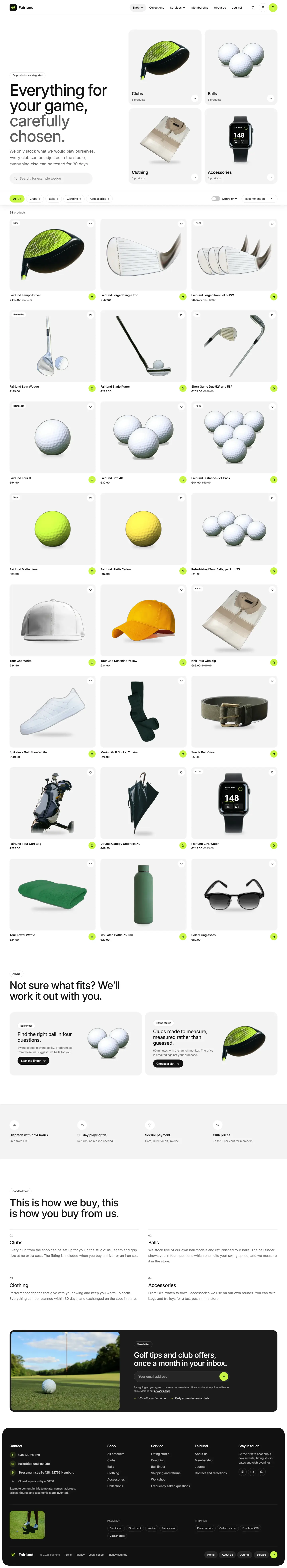 Shop page with a category shelf, a sticky filter bar and a grid of product cards on grey tiles