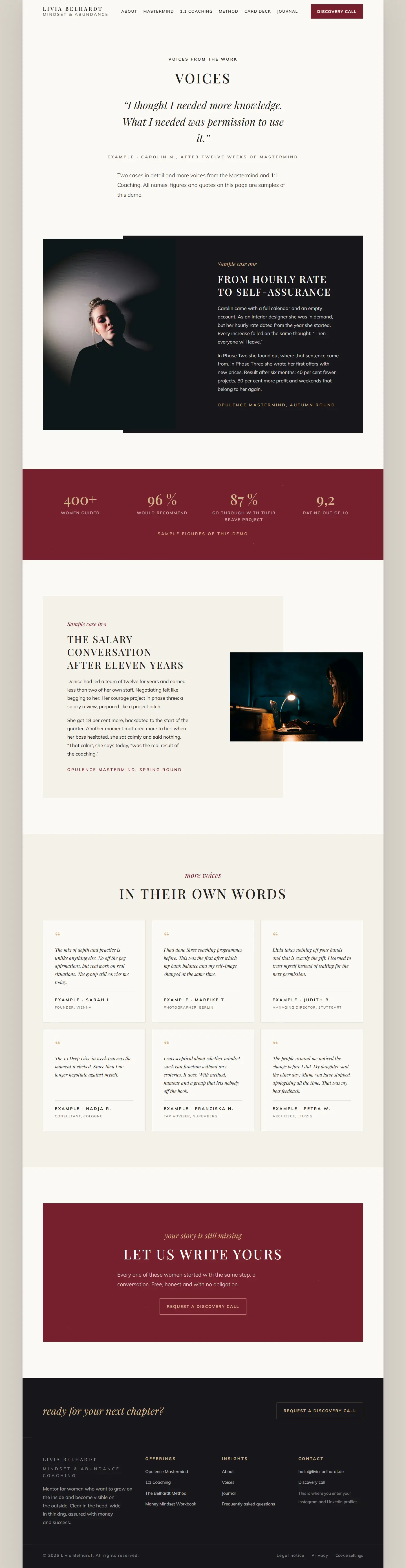The voices page of the Belhardt template, two written sample cases and six short voices