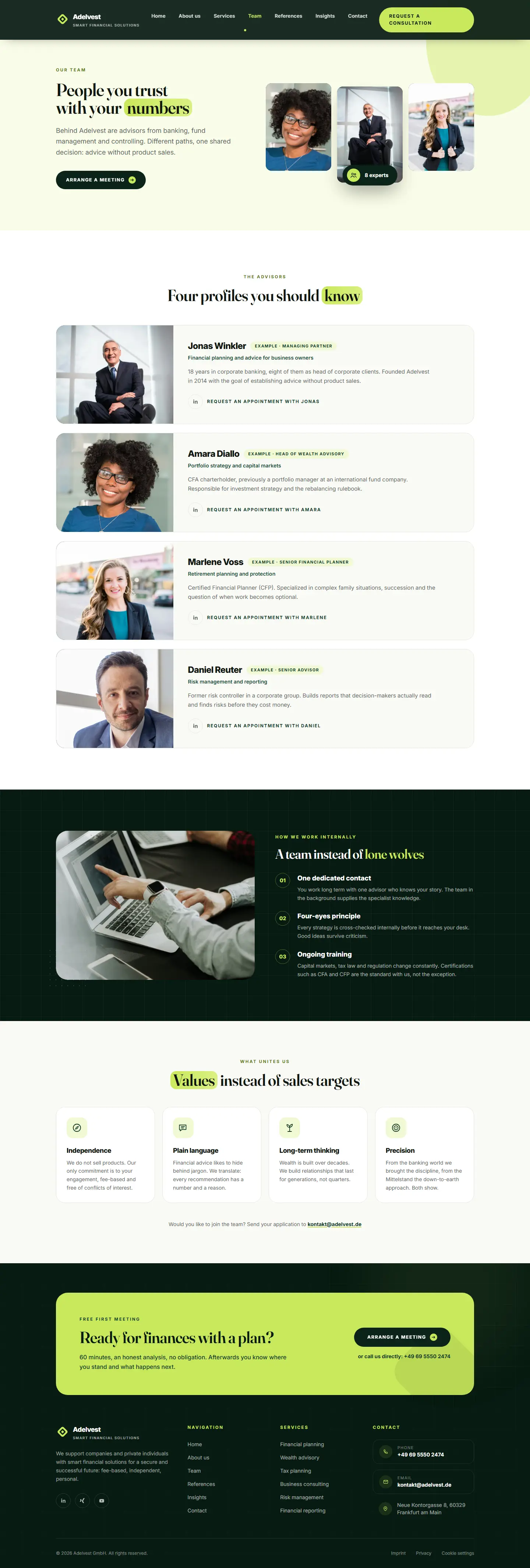 Team page of the Adelvest template with a photo collage and four profiles on light ground