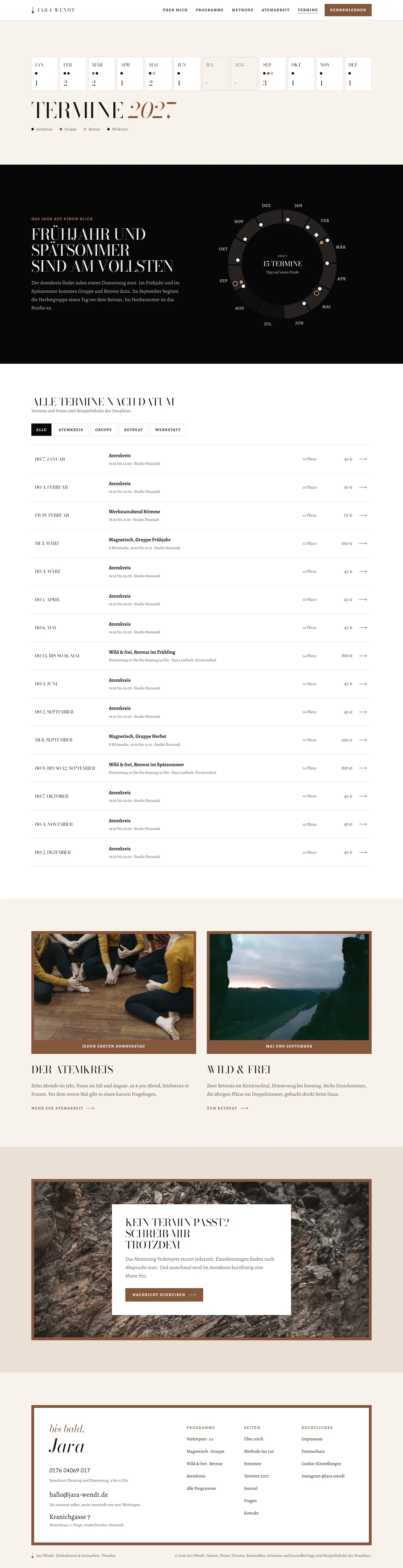 Termine, Unterseite des Templates Jara Wendt