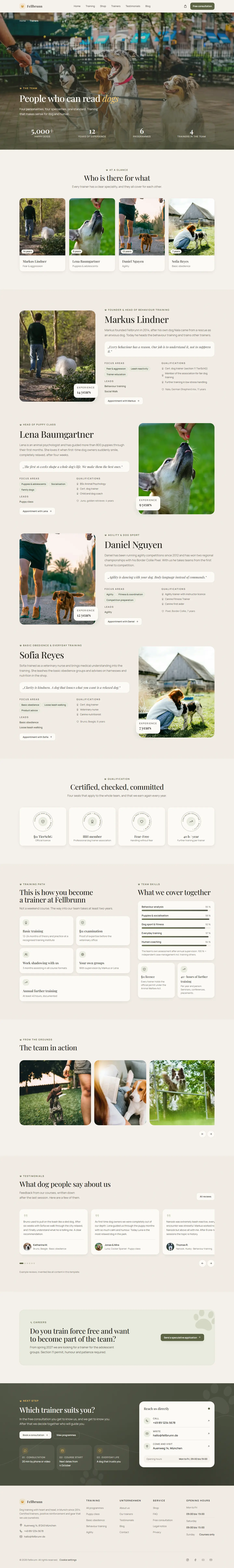 Trainers page of the Fellbrunn template with four profiles and the skills as bars