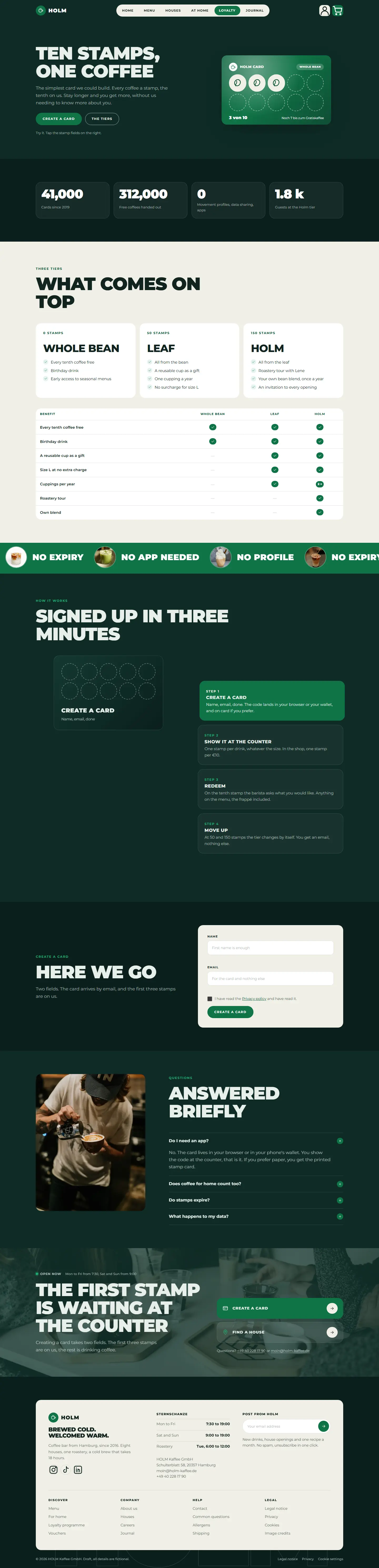 Loyalty page of the Holm template with the clickable stamp card and the three tiers