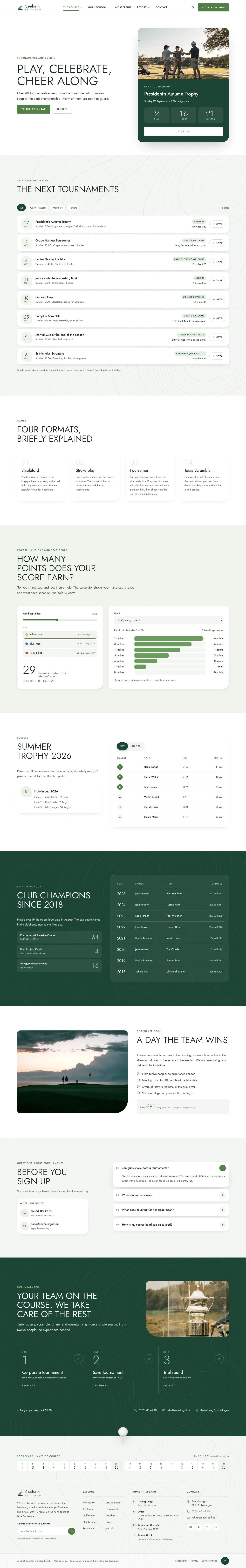 Tournament page of the Seehain template with the course handicap and Stableford calculator