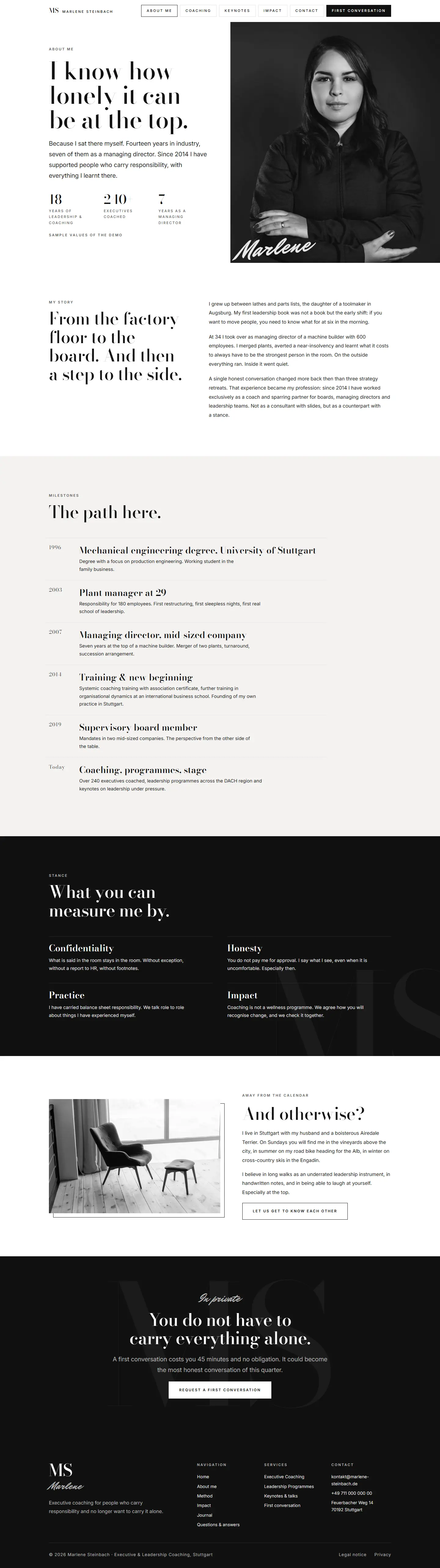 The about page of the Steinbach template, black and white portrait with a rotated handwritten name