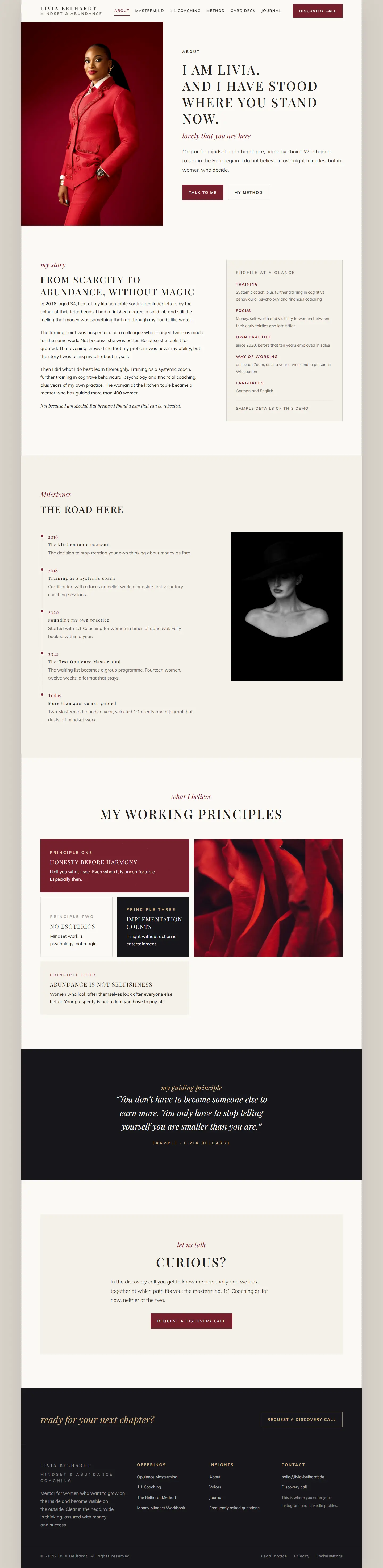 The about page of the Belhardt template, a room-height portrait beside the headline