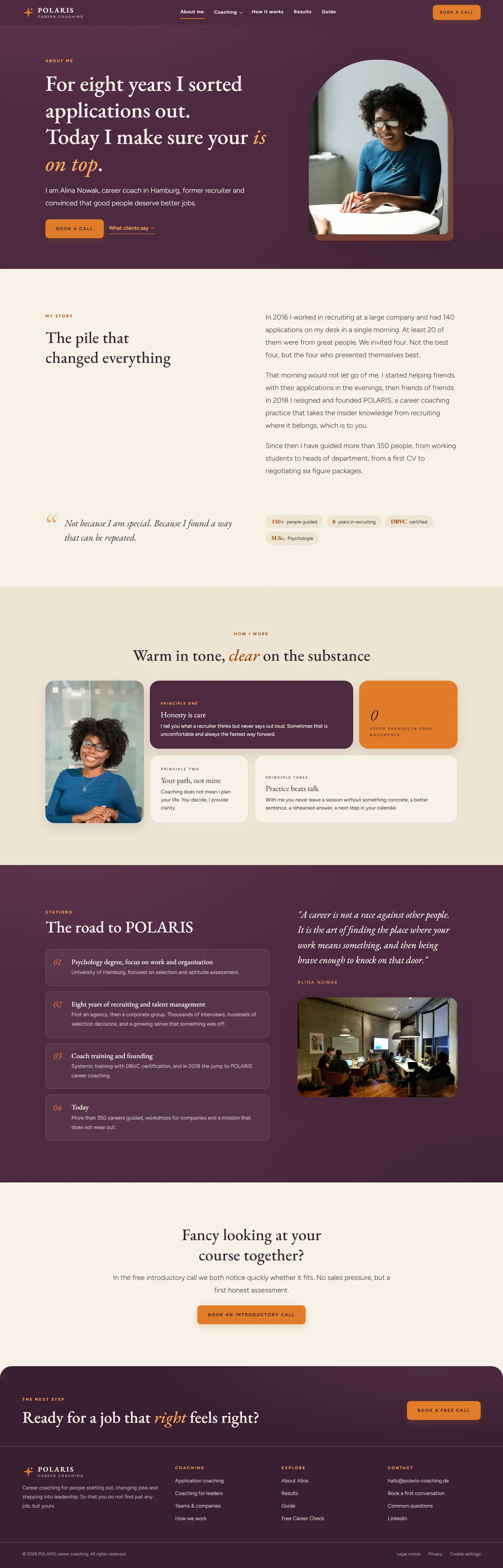 About page of the Polaris template with a full height image and a timeline