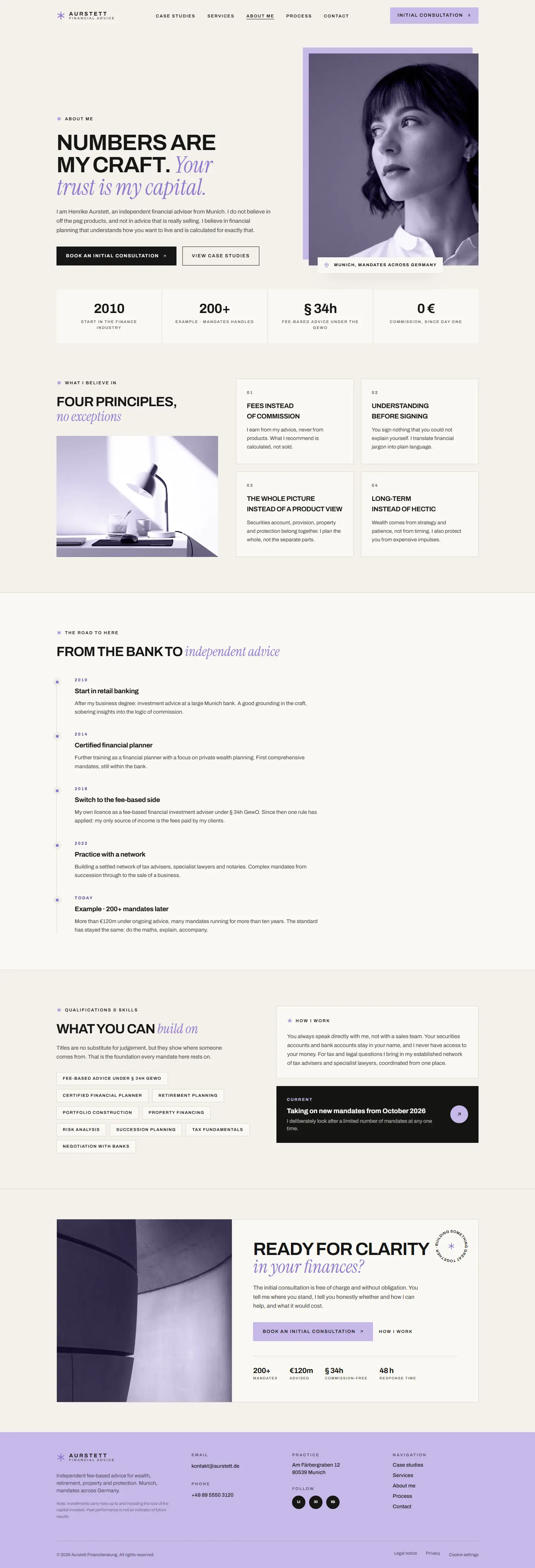 About page of the Aurstett template with portrait and background