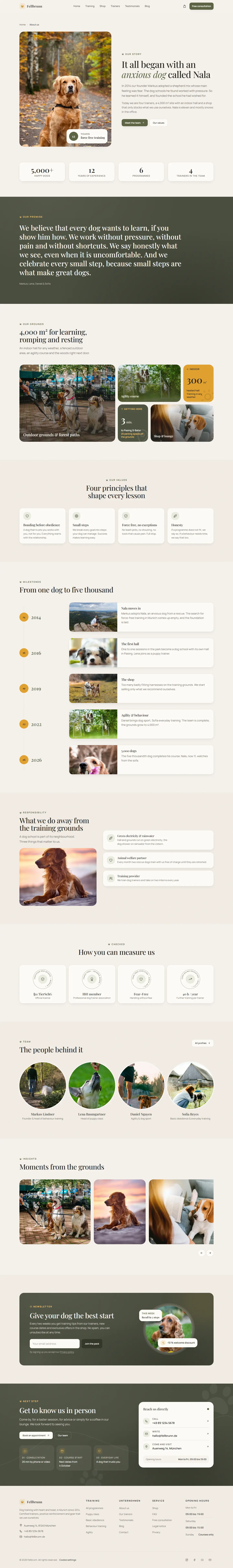 About page of the Fellbrunn template with the timeline since 2014 and the manifesto