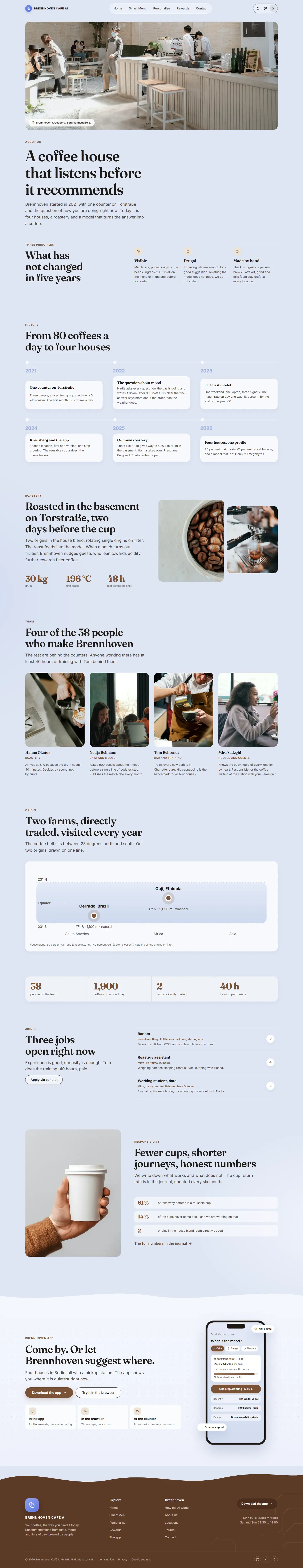 About page of the Brennhoven template with the timeline and the team cards