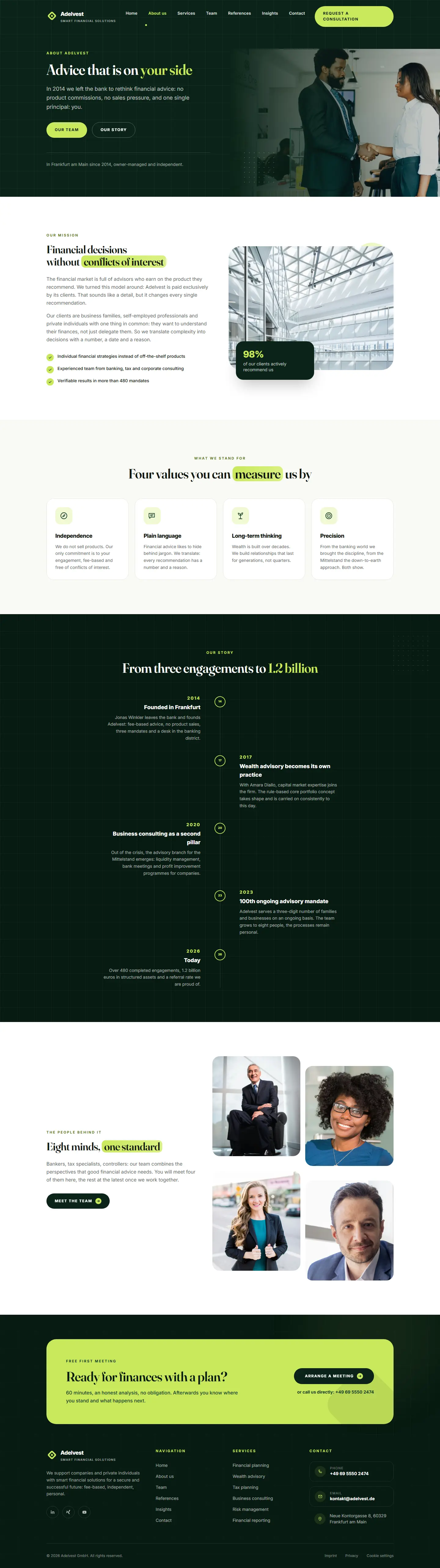 About page with mission, values and a timeline of the firm