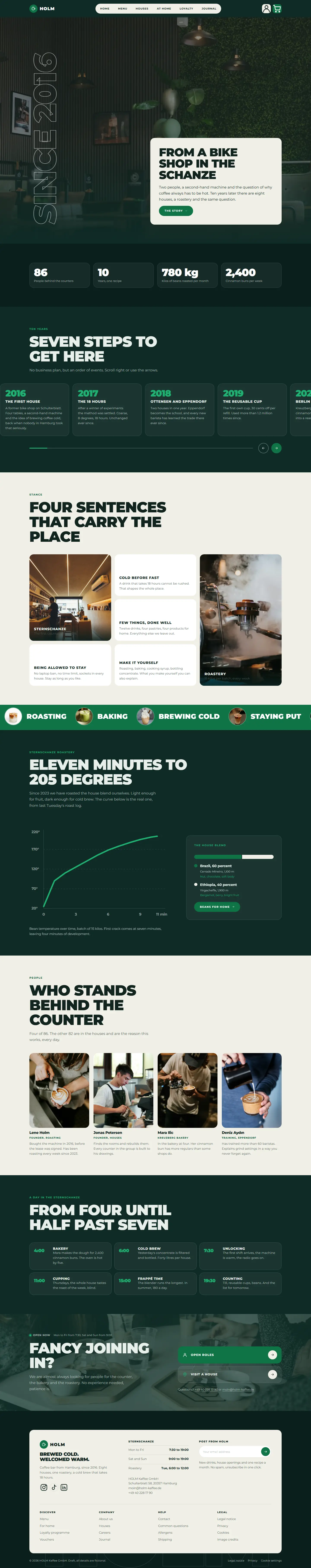 About page of the Holm template with the timeline and the roast curve