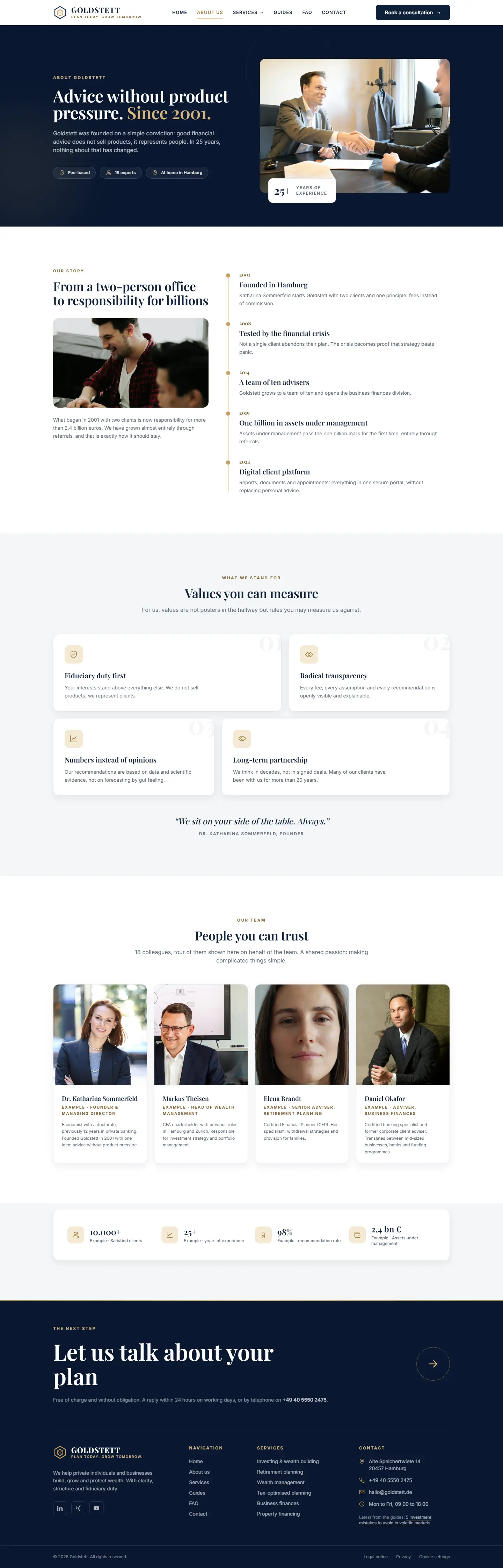 About page with timeline, values and team of the Goldstett template