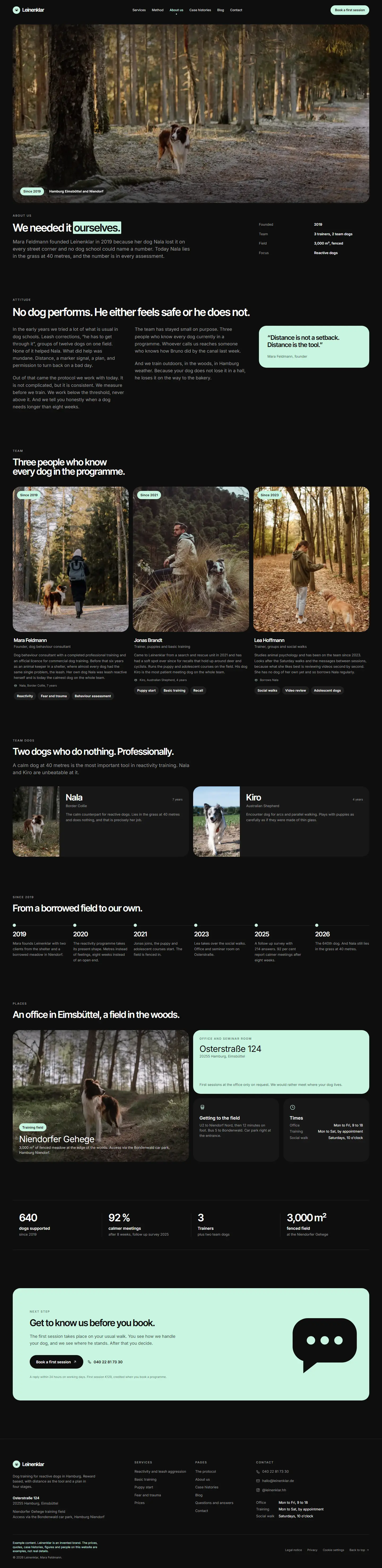 The about page of the Leinenklar template with the team and the two team dogs