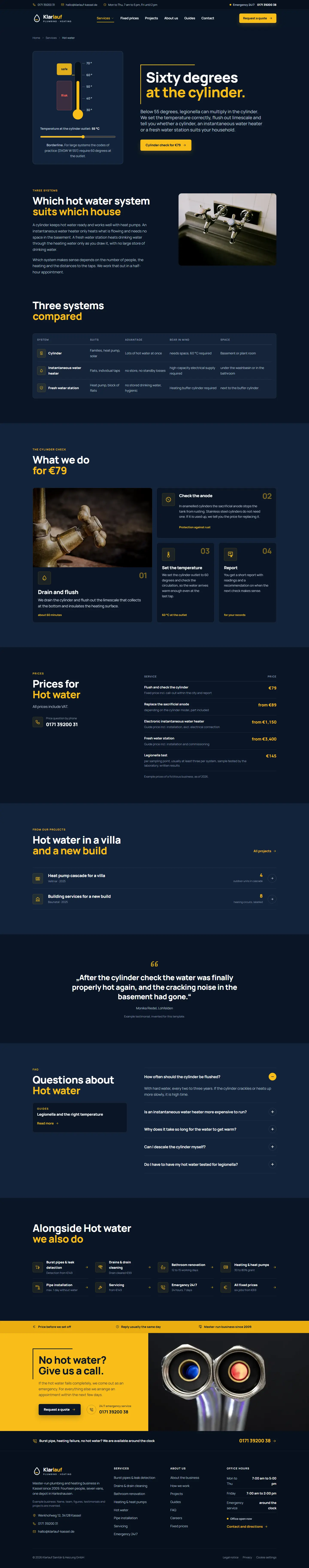 Hot water page with a thermometer from 30 to 70 degrees, risk and safe zones and a temperature slider