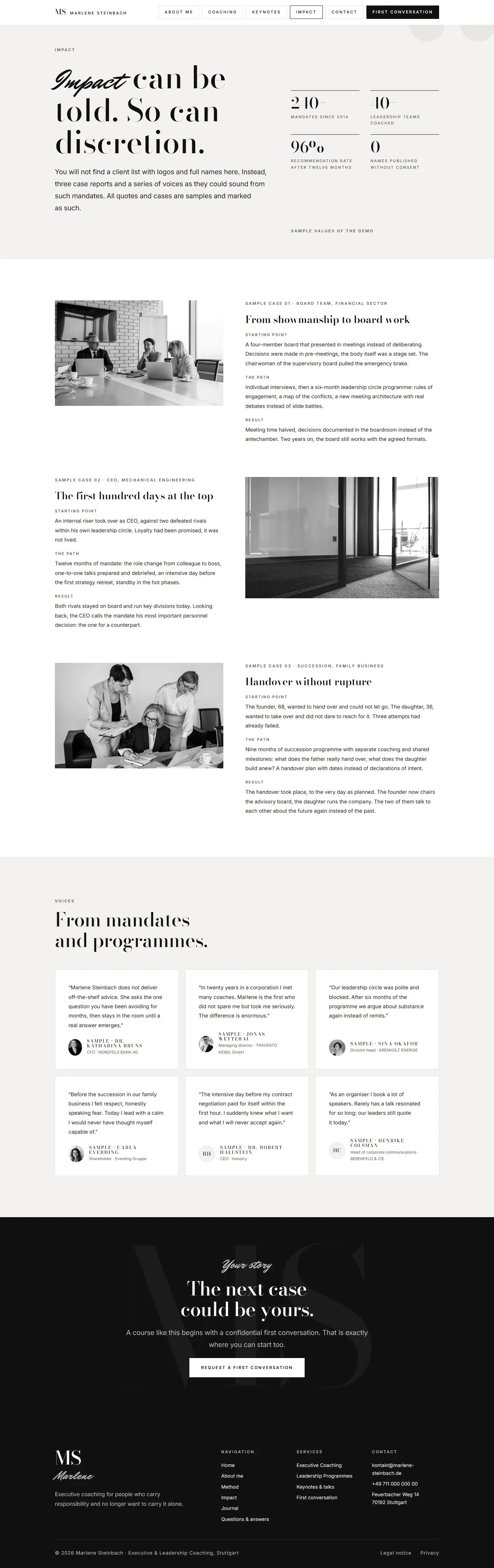 The impact page of the Steinbach template, a huge quotation mark watermark above sample cases