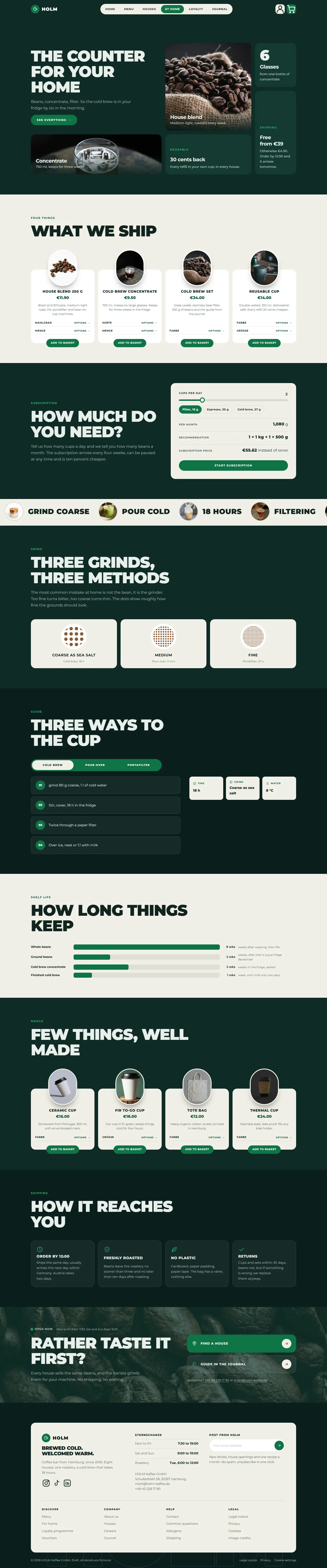 At home page of the Holm template with the quantity calculator and the grind scale